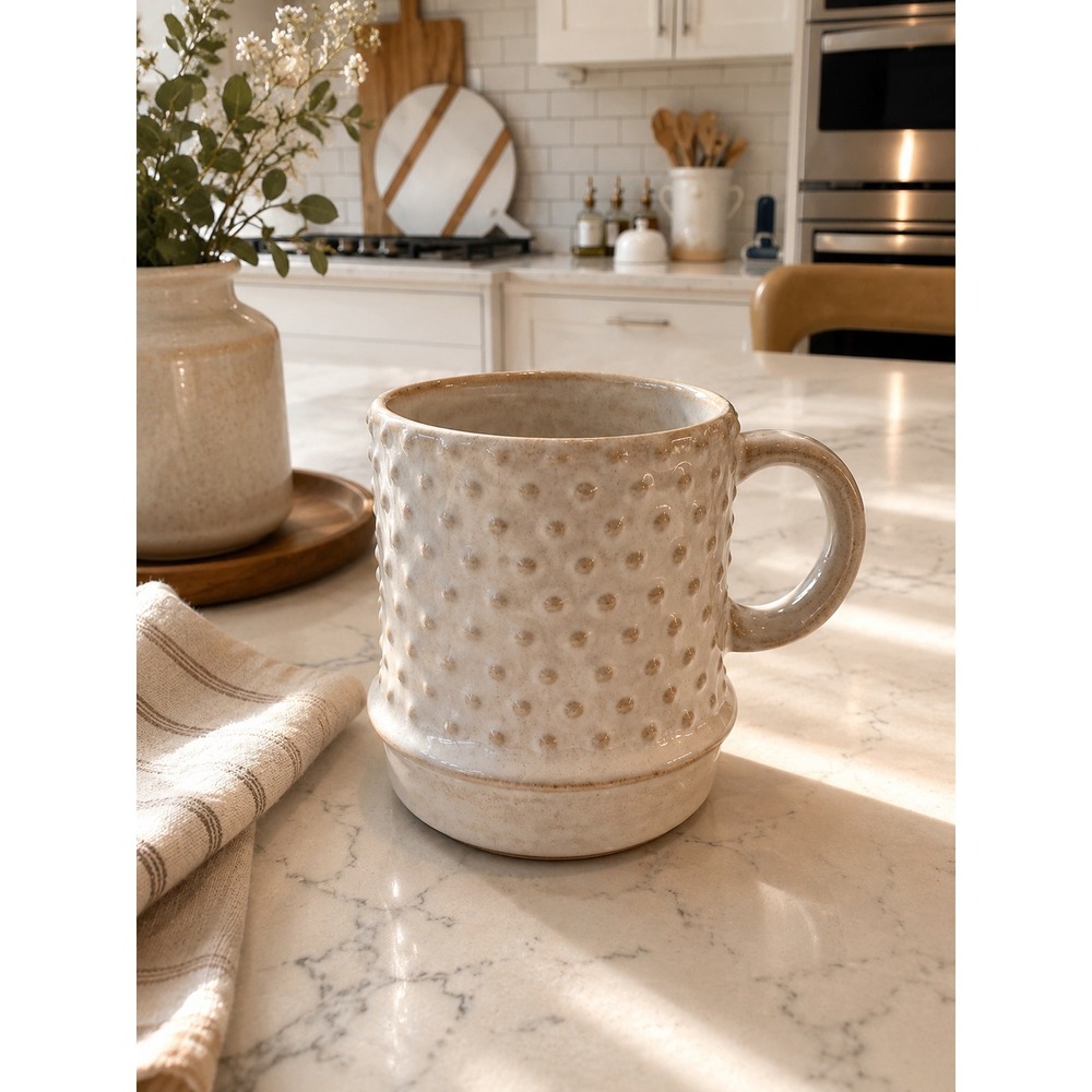 Bloomingville Cream Stoneware Hobnail Dot Mug Reactive Glaze Pedestal Base